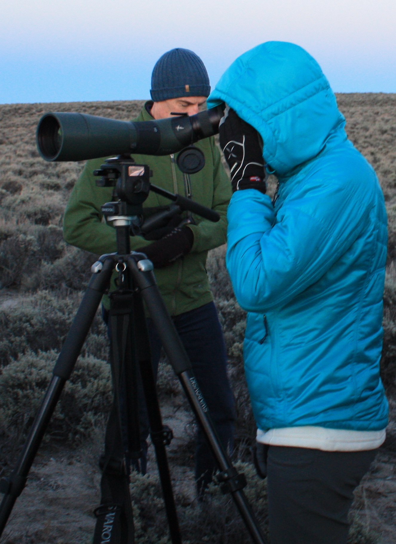 Hunter glassing through a spotting scope on a tripod